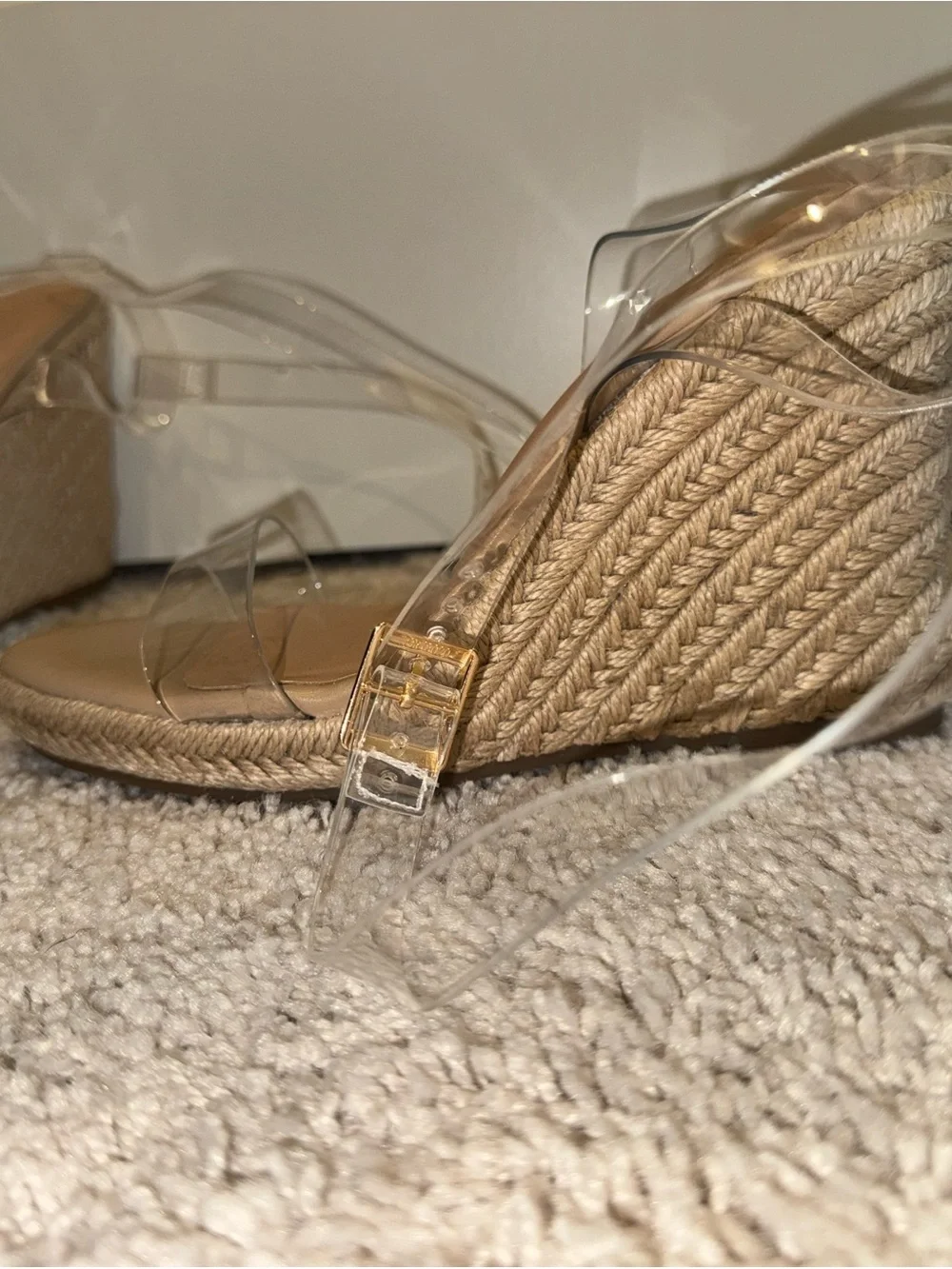Dream Pairs Clear Strap Tan Espadrille Wedge Sandals with Ankle Tie